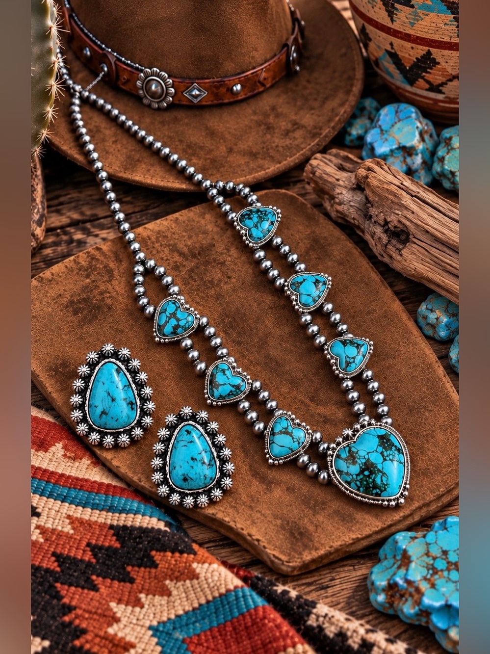 Southwestern Western Costume Faux Turquoise Heart Beaded Earring Necklace Set
